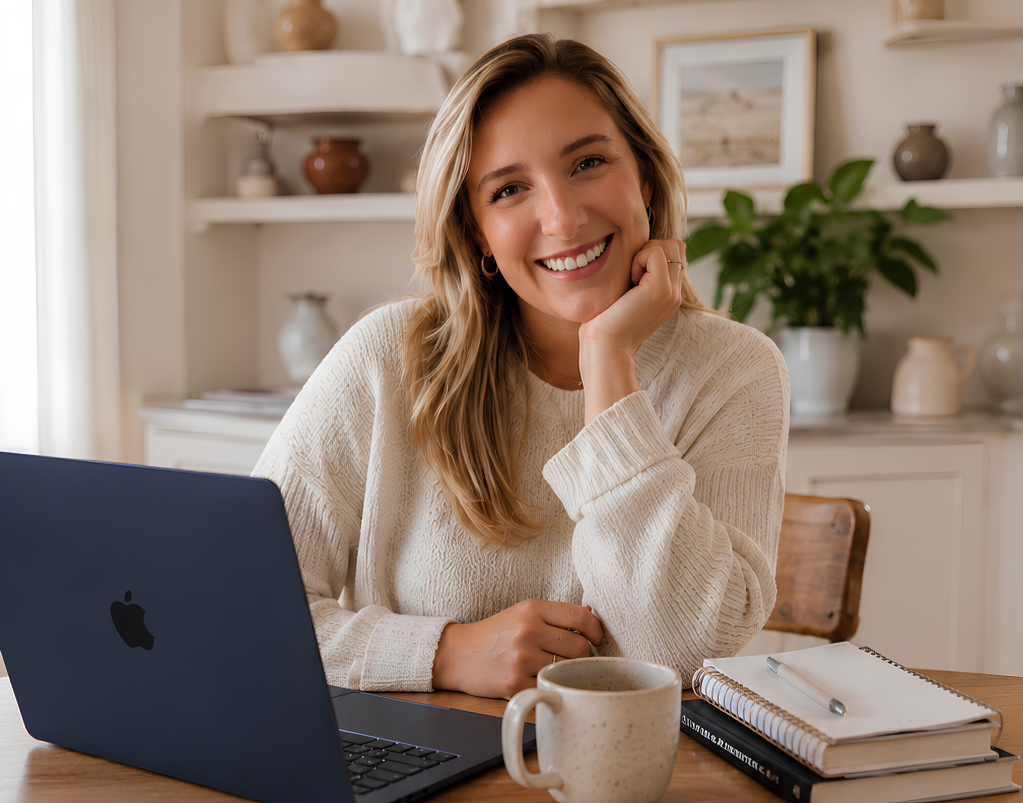 A woman smiling at a desk with an open laptop, a coffee mug, and a notepad, in a cozy, well-decorated room.