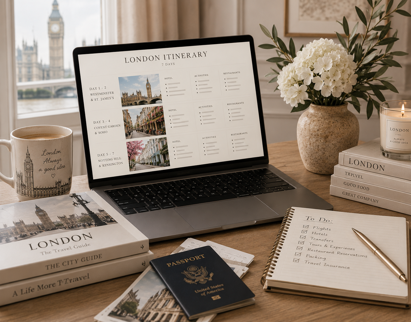 A travel planning workspace featuring a laptop displaying a London itinerary, travel books about London, a U.S. passport, a to-do list, a mug with Big Ben, flowers, a candle, and a window with views of Big Ben and the London skyline.