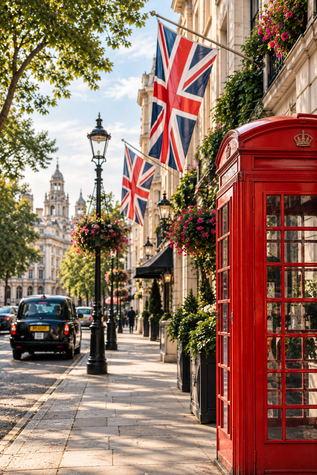Street in London with Union Jack flags, a red telephone booth, street lamps, and flower decorations