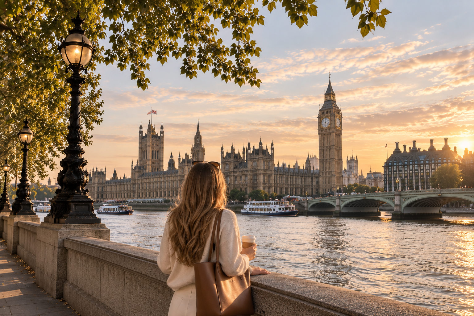 A woman with long, wavy hair standing by the River Thames in London, holding a coffee cup. The Palace of Westminster and Big Ben are in the background during sunset, with trees and vintage street lamps on the left side.