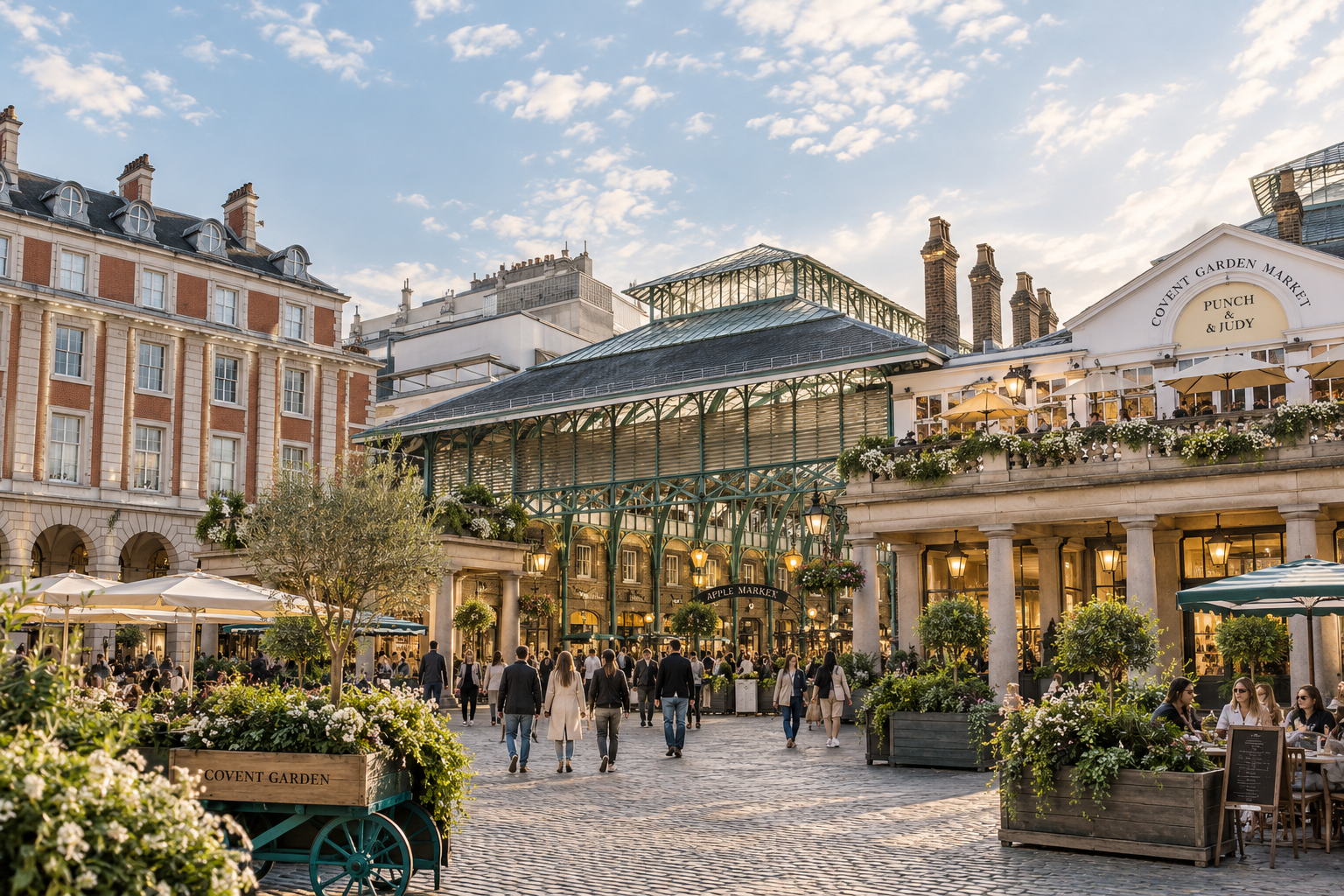 Shoppers walking through Covent Garden with outdoor seating, flowers, and historic buildings under a partly cloudy sky.
