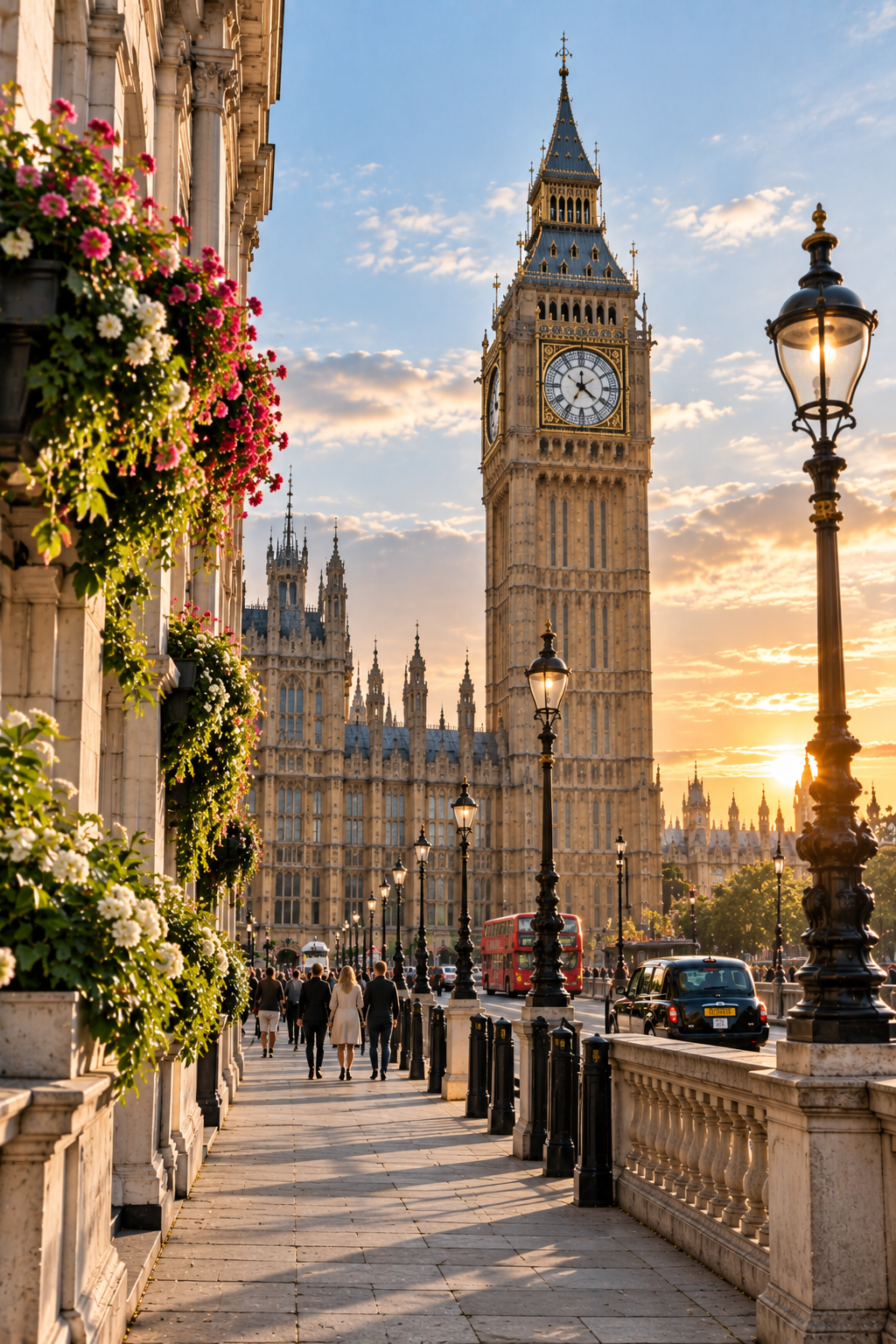 Big Ben clock tower in London at sunset with pedestrians walking along a sidewalk lined with flowers and street lamps, and cars on the street.