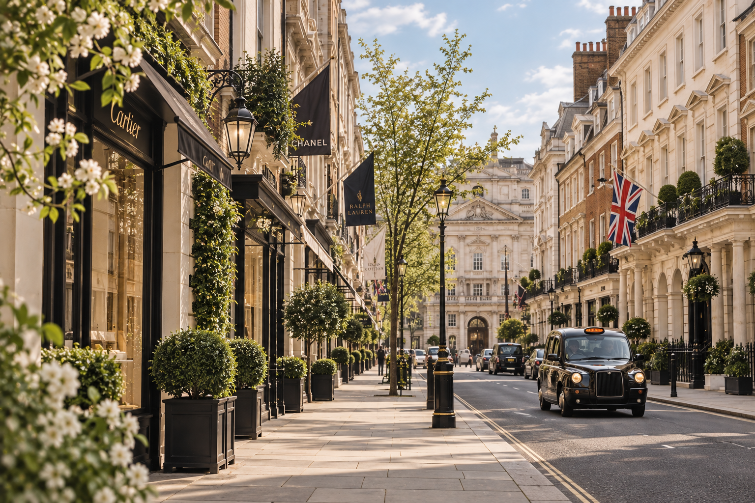 Stylish street scene with luxury shops, potted plants, and black taxis on a sunny day in London, UK.