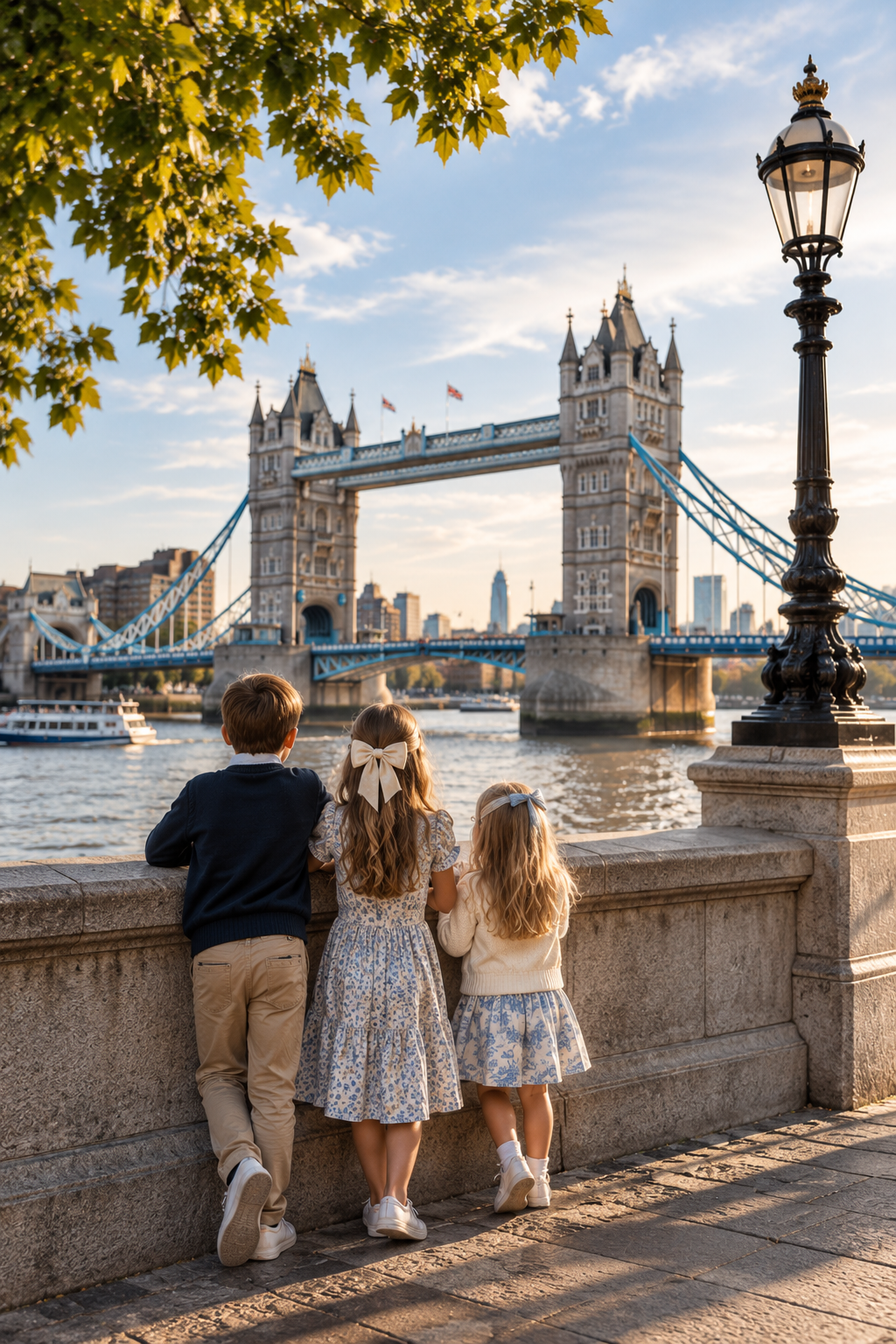 Three children, two girls and one boy, stand by the riverbank looking at Tower Bridge in London during sunset.