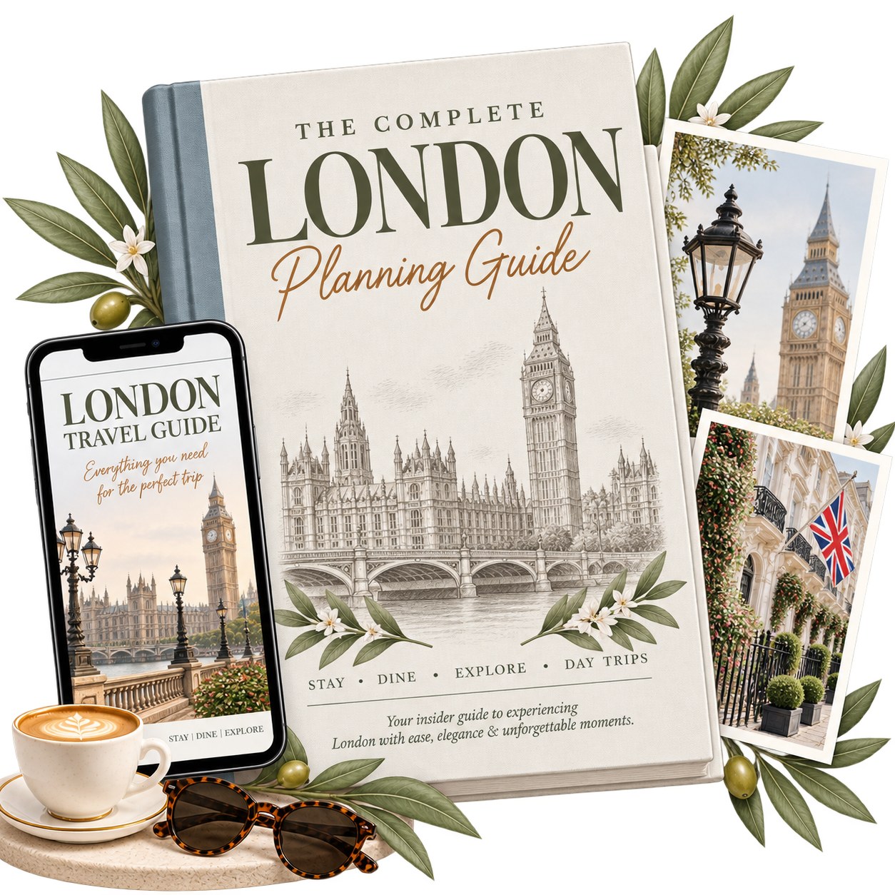 A travel guidebook titled 'The Complete London Planning Guide' surrounded by photographs of Big Ben, a lamp post, and a building with hanging flower baskets; a smartphone displaying a London travel guide; a cup of coffee with latte art, a pair of sunglasses, and decorative green leaves with white flowers.