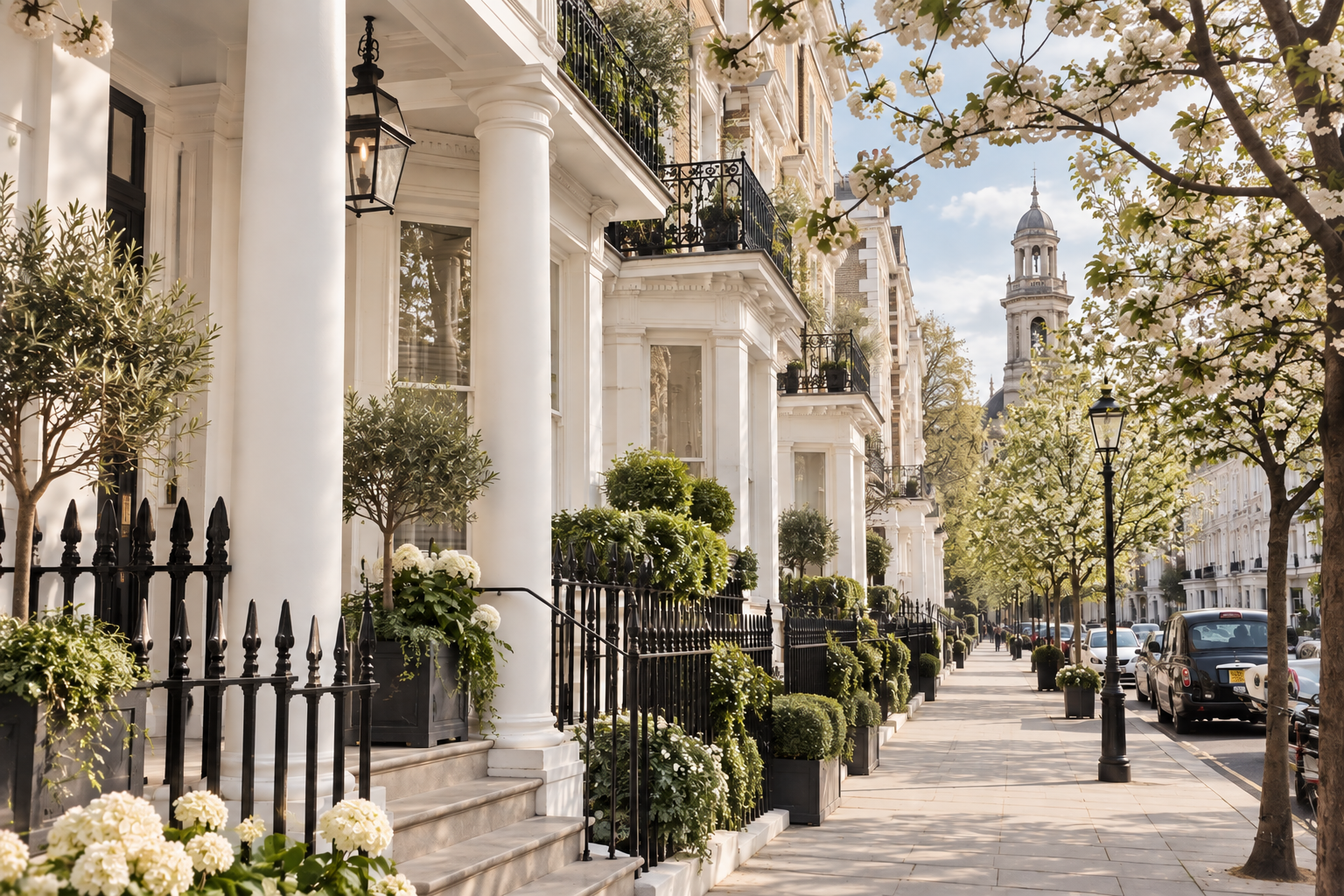 A row of elegant white townhouse buildings with black iron fences and potted plants along the sidewalk, framed by white flowering trees and street lamps, with a church tower in the distance on a sunny day.