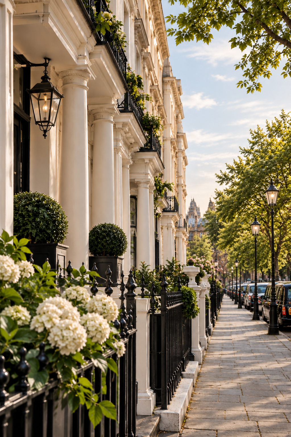 Row of elegant white Townhouse buildings with black railings and lush greenery on a sunny city street.