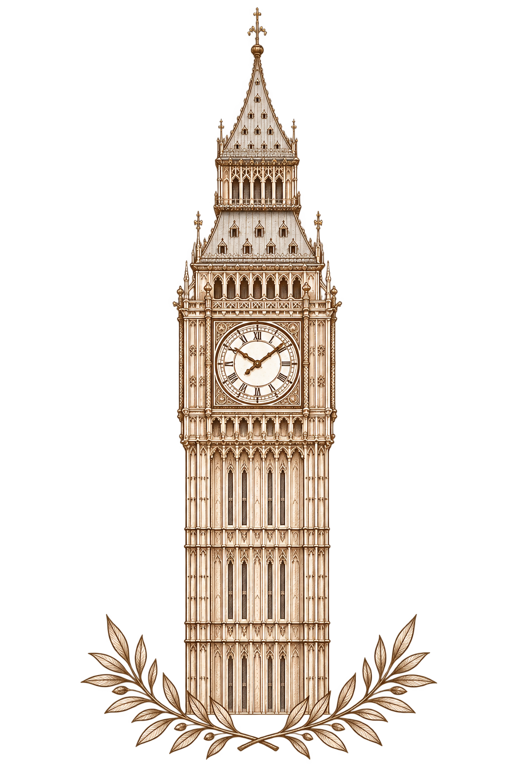 Illustration of Big Ben clock tower with a decorative laurel branch at the bottom.