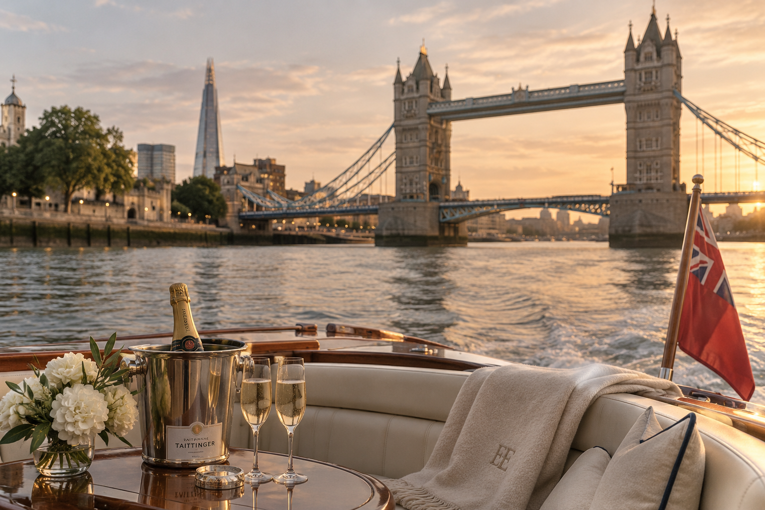 View from a boat on the River Thames at sunset, looking towards the Tower Bridge with a bottle of champagne, two glasses, a bouquet of white flowers, a monogrammed blanket, and a British flag on the boat's deck in the foreground.