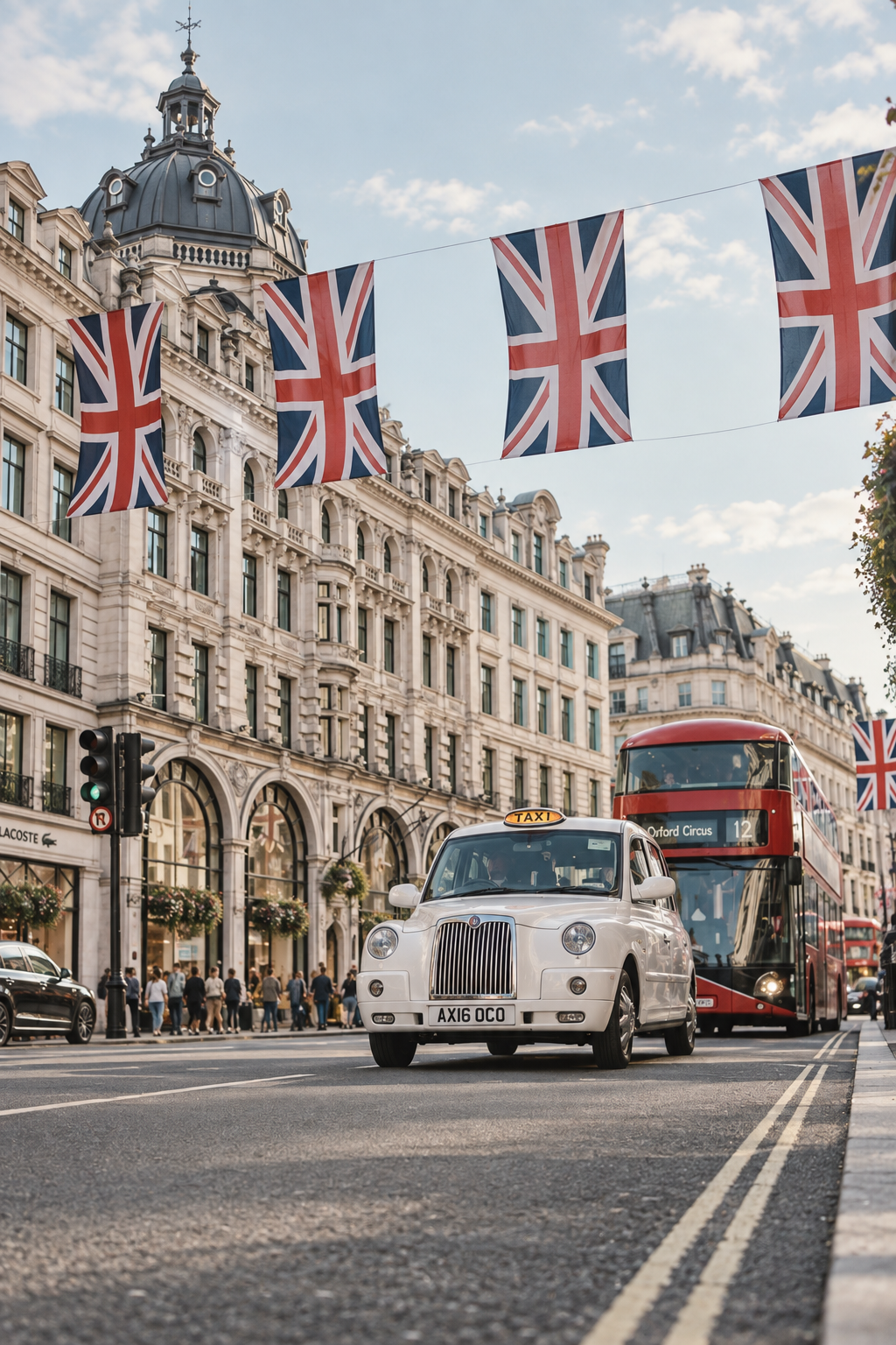 Union Jack flags hanging across a city street with a white taxi and a red double-decker bus, and historic buildings in the background.