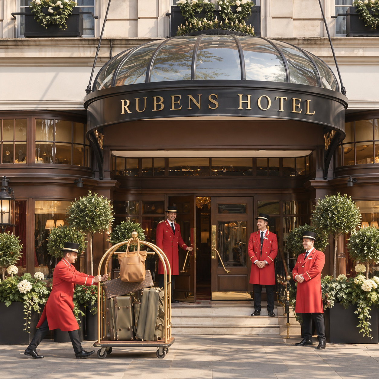 Hotel staff members in red uniforms welcoming guests at the entrance of Rubens Hotel, with luggage trolley and decorative plants outside.