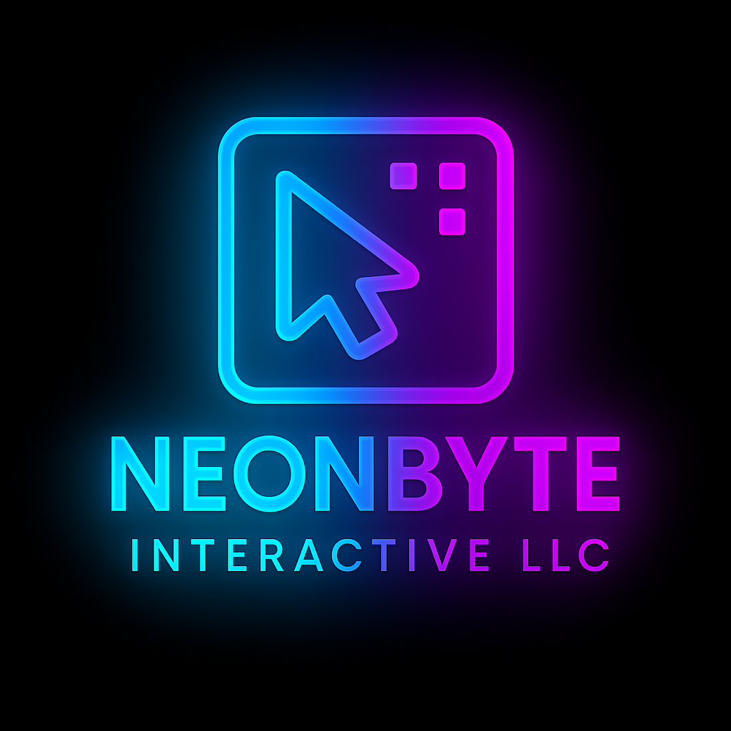 Neon sign with a computer window and cursor icon, text reading 'NEONBYTE INTERACTIVE LLC' in bright blue and pink colors.