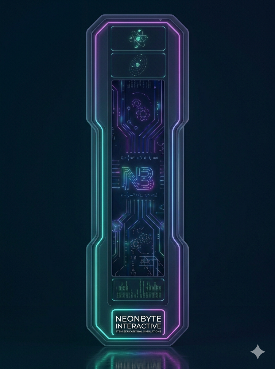 A futuristic, neon-lit display panel with scientific and technological diagrams, equations, and graphics, labeled "NEONBYTE INTERACTIVE" at the bottom, promoting STEM educational simulations.