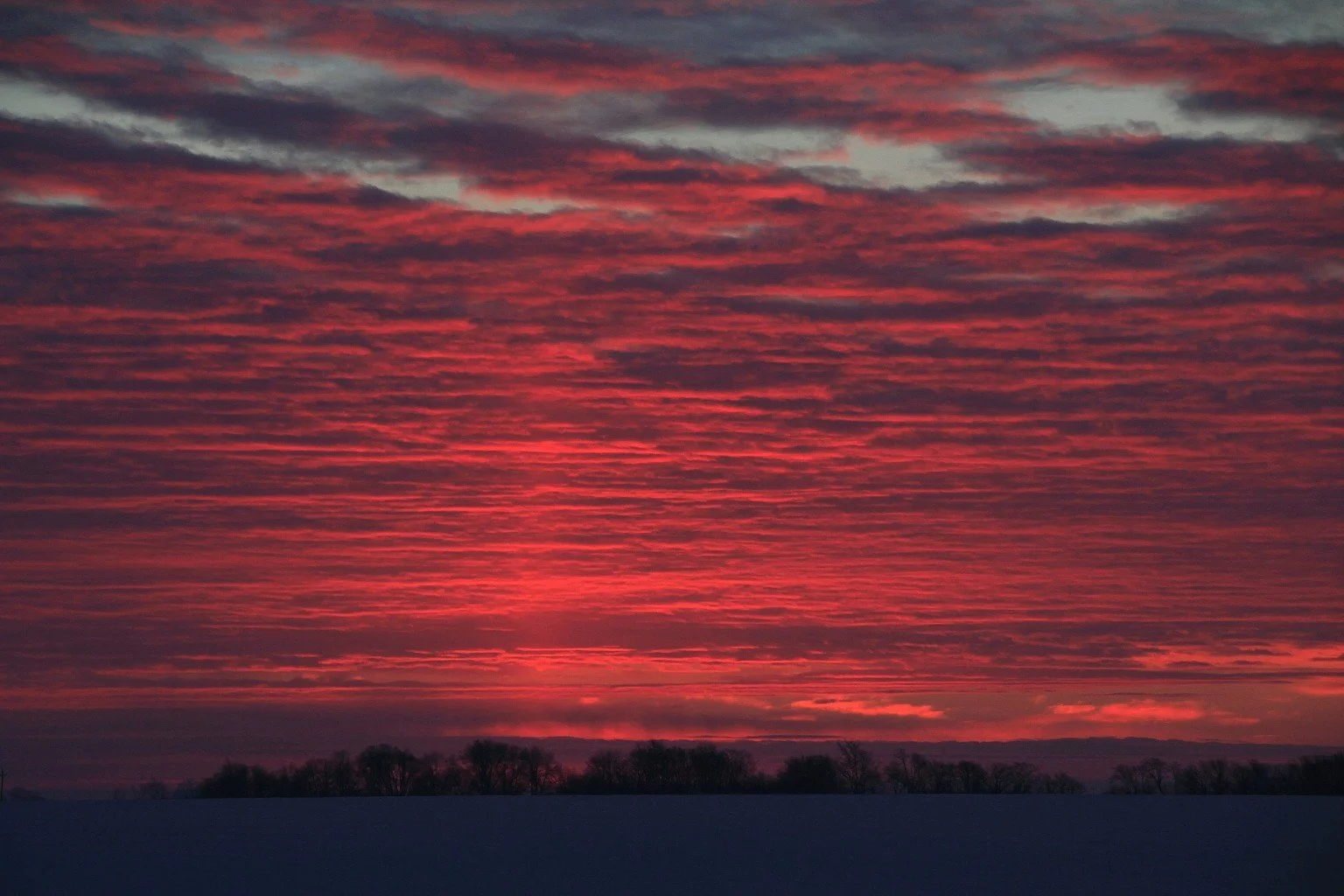 A sunset or sunrise sky with layers of dark clouds and vibrant red and pink hues, silhouetted trees at the bottom.