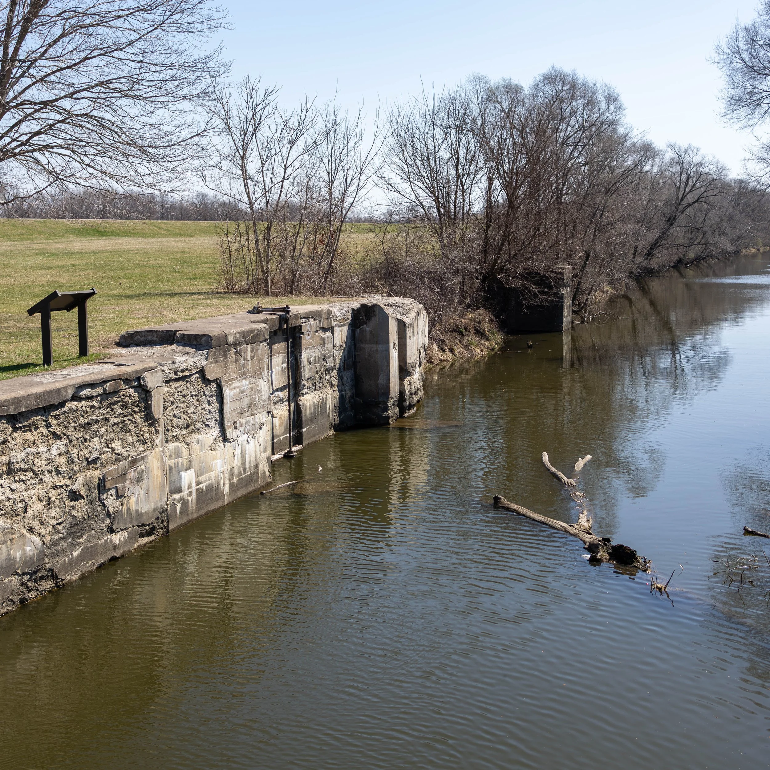 A river with a stone dam on the left, bare trees along the bank, and a log in the water near the shore in a peaceful outdoor setting.