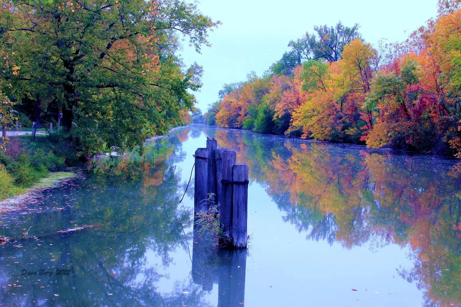 A peaceful river lined with trees in autumn colors, with reflections on the water and an old wooden post in the center.