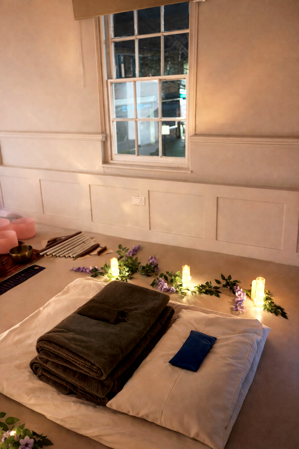 A cozy room with a window, folded blankets on a mattress, and decorative candles and flowers on the floor.