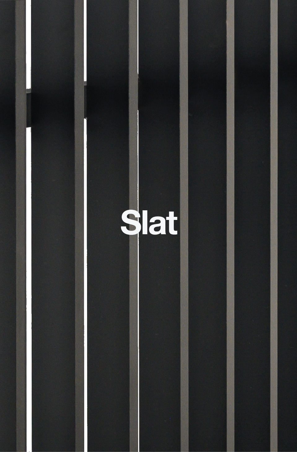 Close-up of a black metal grill or slat with the word "Slat" in white text at the center.