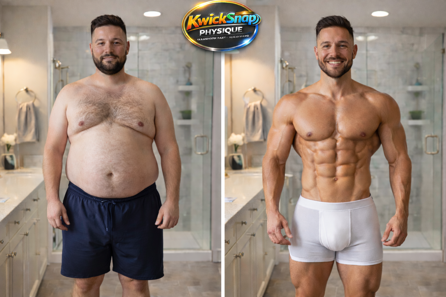 Side-by-side comparison of a man before and after transforming his body through fitness. The 'before' image shows an overweight man with chest and abdominal fat, wearing dark shorts. The 'after' image shows the same man muscular and lean, with visible abs, chest, and arm muscles, wearing white underwear. The background is a bathroom with a shower and decorative items.