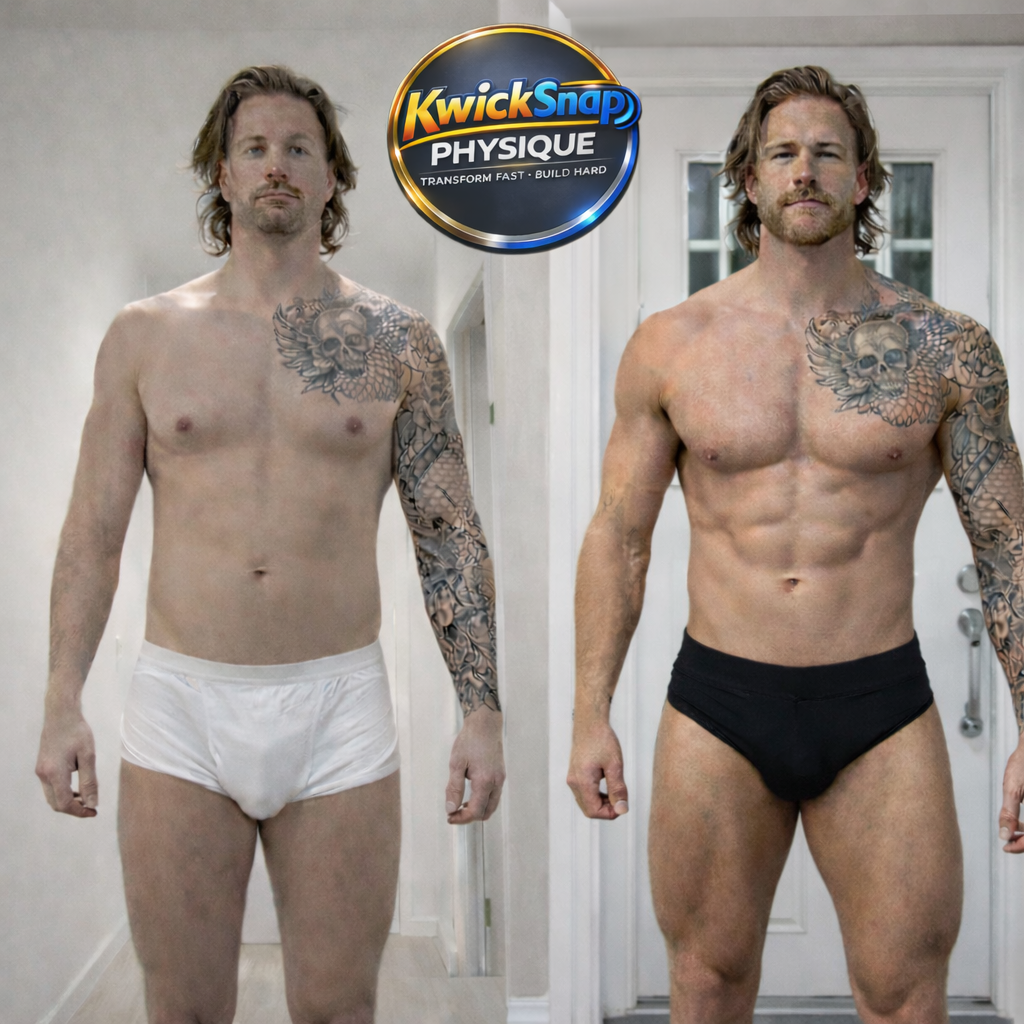 Side-by-side comparison of a shirtless man before and after fitness transformation, showing increased muscle definition, with a 'KwikSnap PHYSIQUE' logo above.