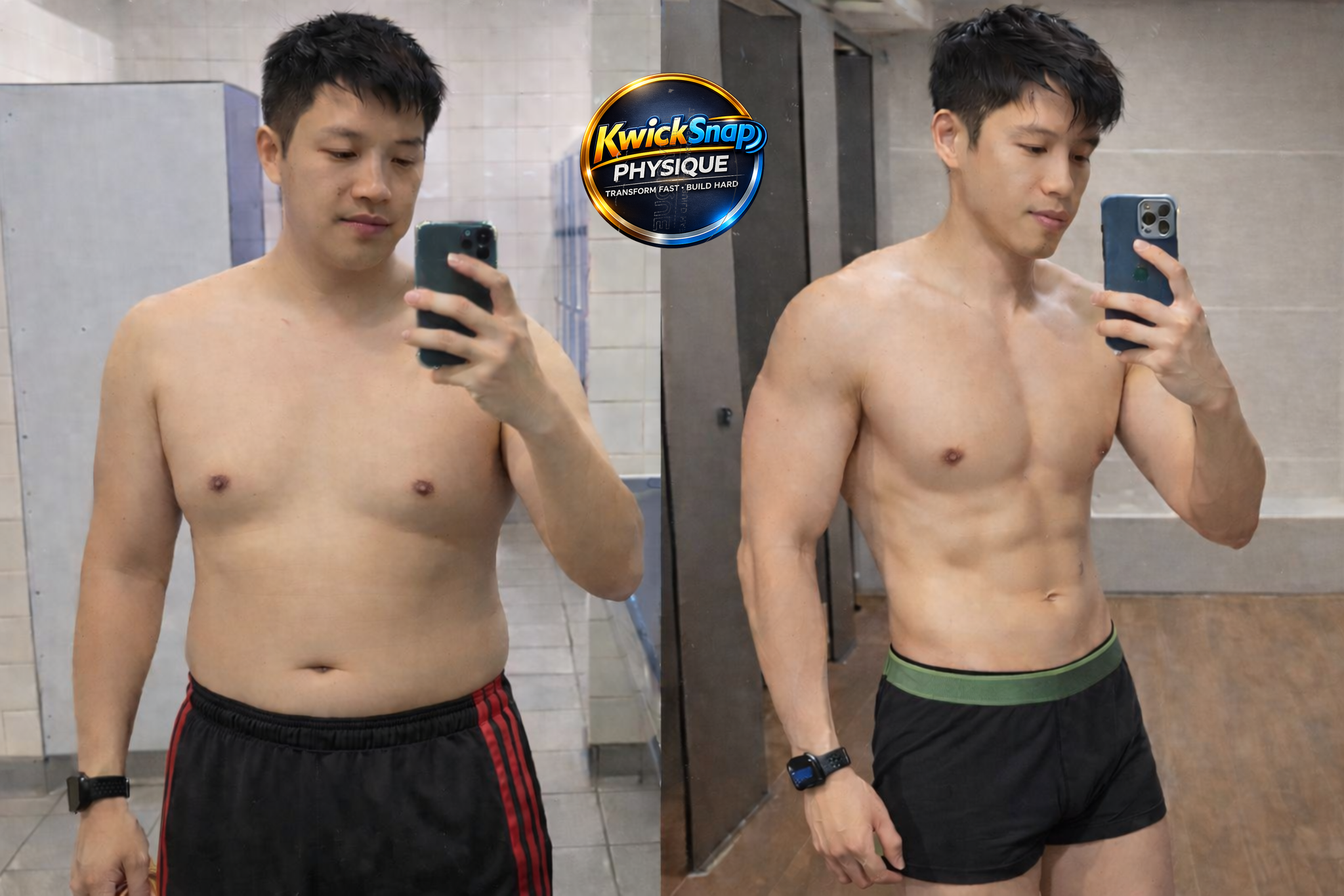 Side-by-side mirror selfies of a man before and after body transformation, wearing black shorts and an apple watch, in a gym locker room. The before image shows a less muscular physique; the after image shows a more defined, muscular physique.
