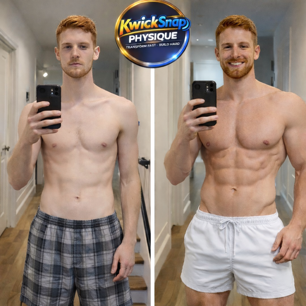 Side-by-side mirror selfies of a shirtless man before and after a fitness transformation. The left shows a leaner man with less muscle definition, while the right shows the same man with a muscular, defined physique and a big smile.