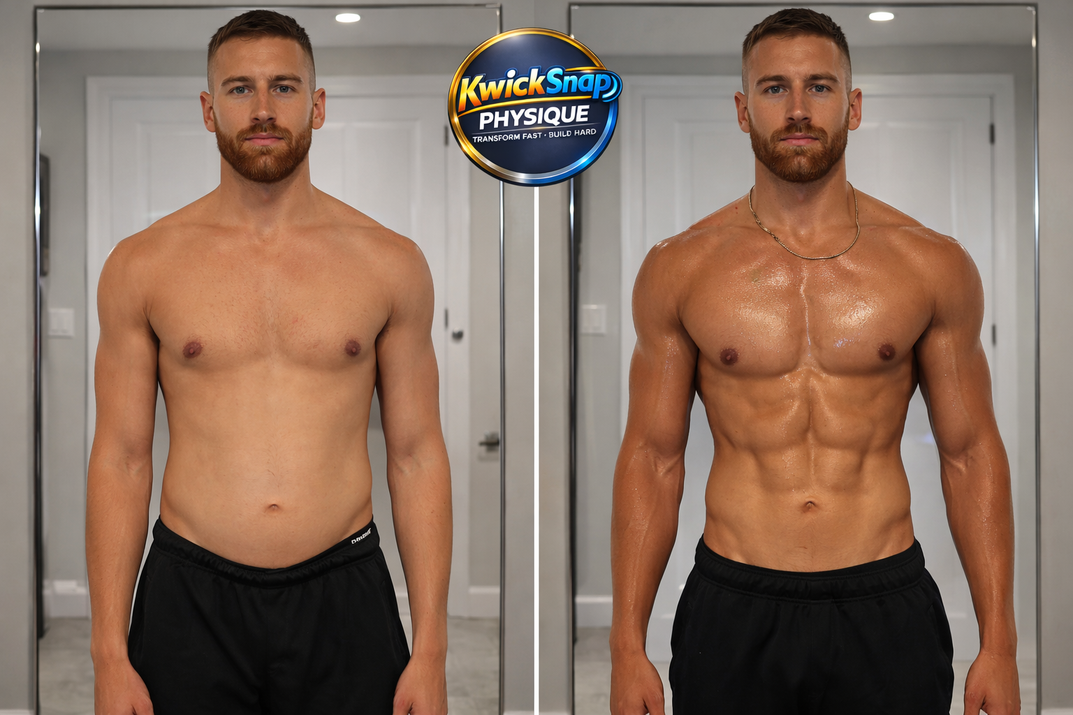 Side-by-side comparison of a shirtless man before and after fitness transformation, with a logo for Kwik Snap Physique in between.