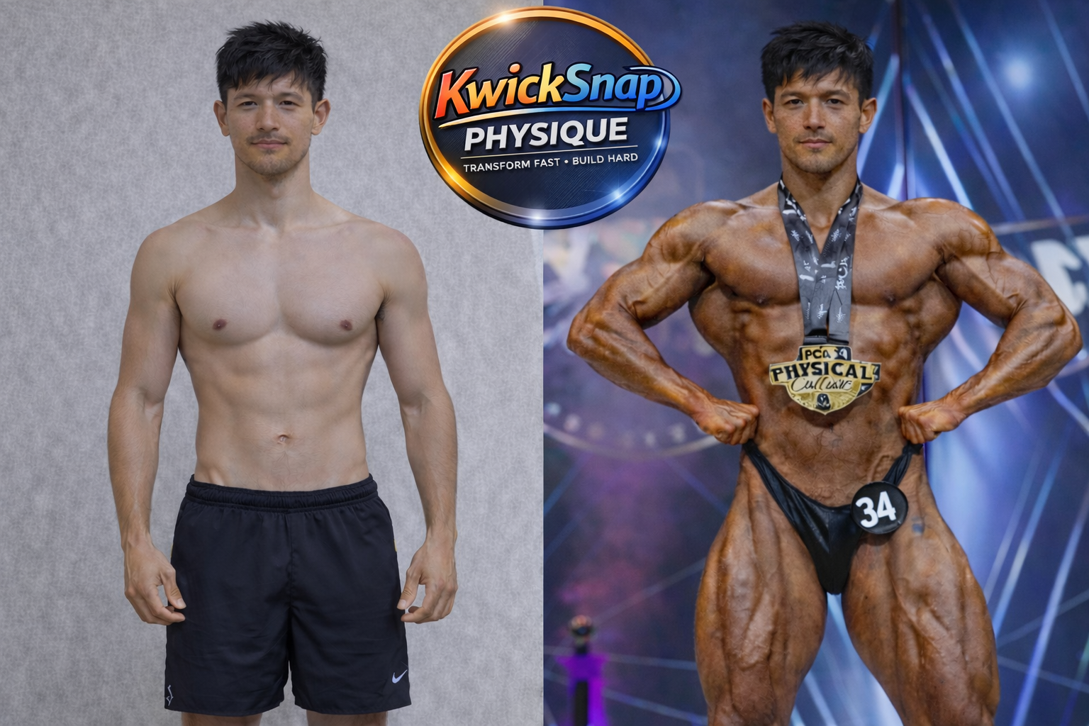 Comparison of two male bodybuilders, one in casual workout clothes and one in competition pose with a medal, with the logo 'KwickSnap Physique' at the top.