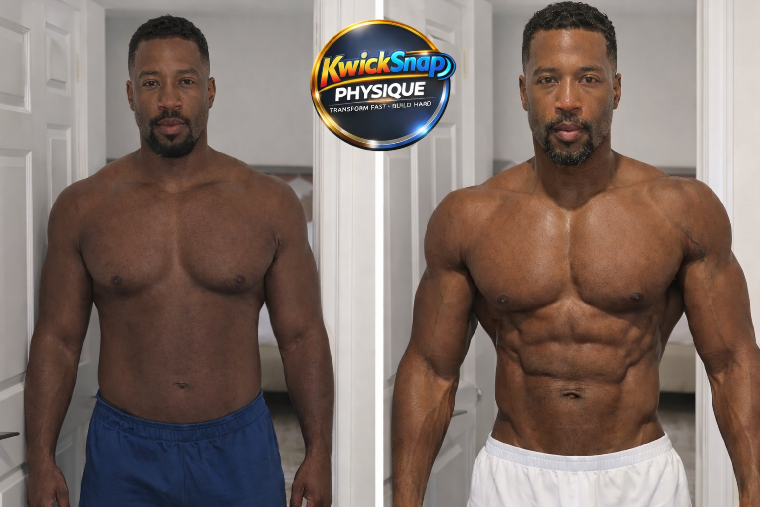Side-by-side photos of a muscular man with dark hair and a beard, showing his transformation from a less defined physique on the left to a highly muscular, defined physique on the right, with a Kwicksnap Physique logo above.