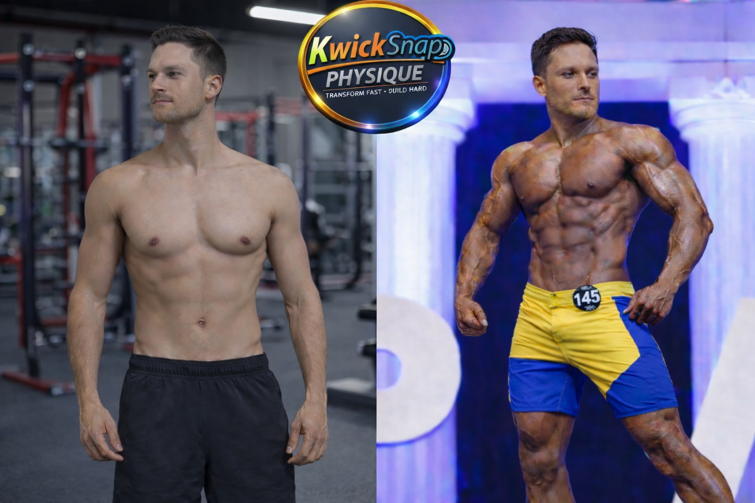 Side-by-side comparison of two male bodybuilders. The man on the left is shirtless, in a gym, with a lean physique. The man on the right is also shirtless, with a highly muscular, defined physique, wearing yellow and blue shorts, standing in front of a decorated background.