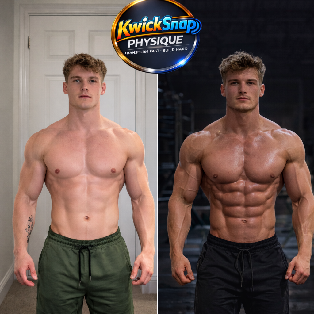 Comparison of a young man before and after body transformation showing increased muscle definition and a toned physique.