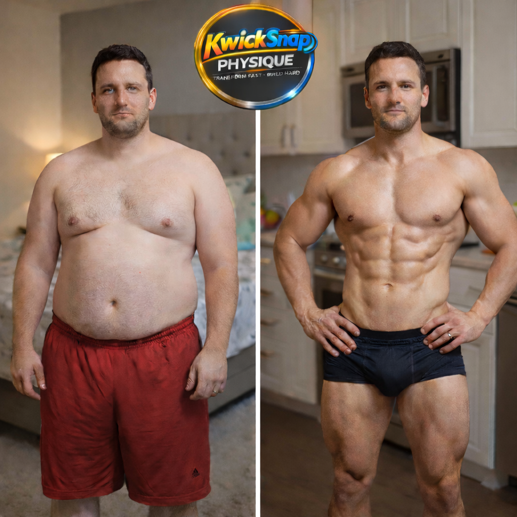 Side-by-side comparison of a shirtless man before and after fitness transformation, with the before on the left showing a larger physique and the after on the right showing a muscular, defined body, in a home kitchen.