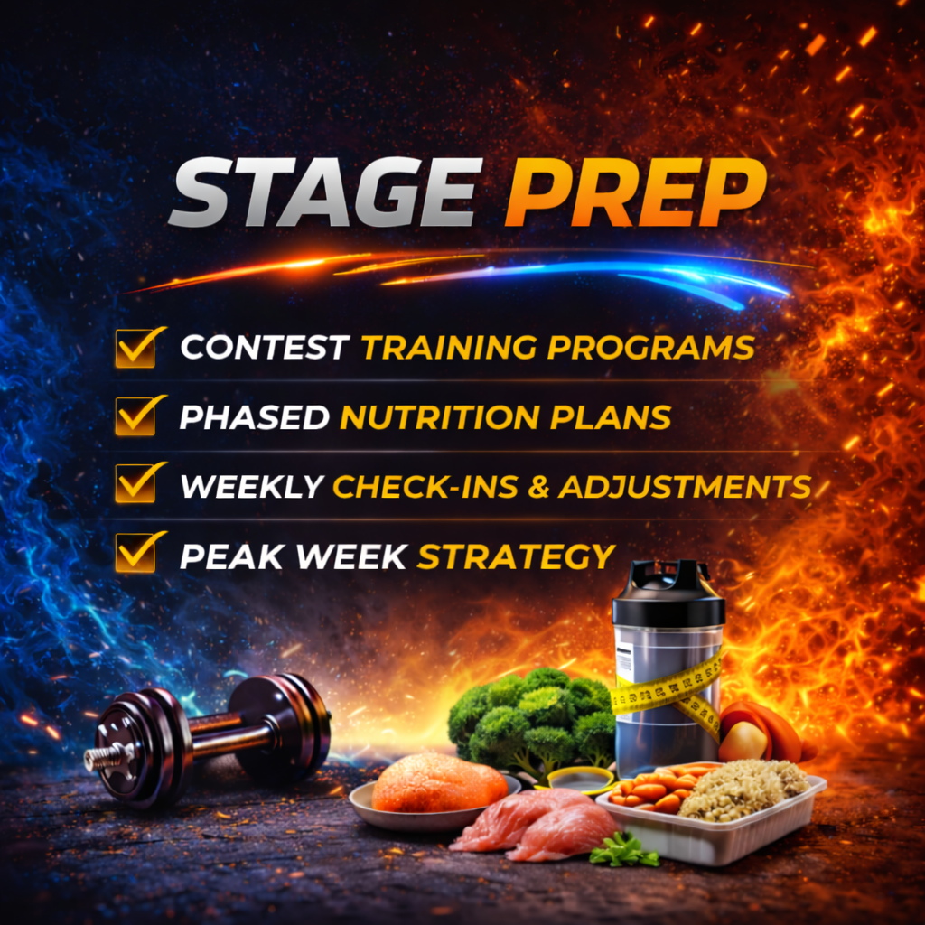 A fitness and nutrition plan poster with a background blending blue and orange fire and ice effects. The poster features a dumbbell, a meal prep container with eggs, rice, and almonds, a broccoli bunch, a protein shaker, and measuring tape. The text highlights schedule and strategy steps for training programs and nutrition plans.