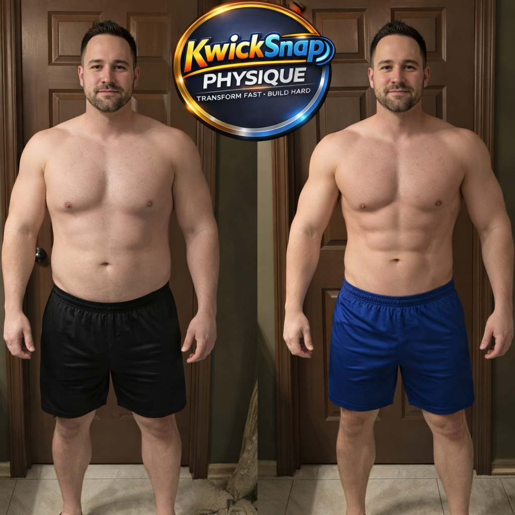 Side-by-side comparison of a man before and after body transformation. In the left image, the man has a slightly protruding abdomen, wearing black shorts. In the right image, the man has a more defined muscular physique, wearing blue shorts, with visible abs. The background is a wooden door and wall. A 