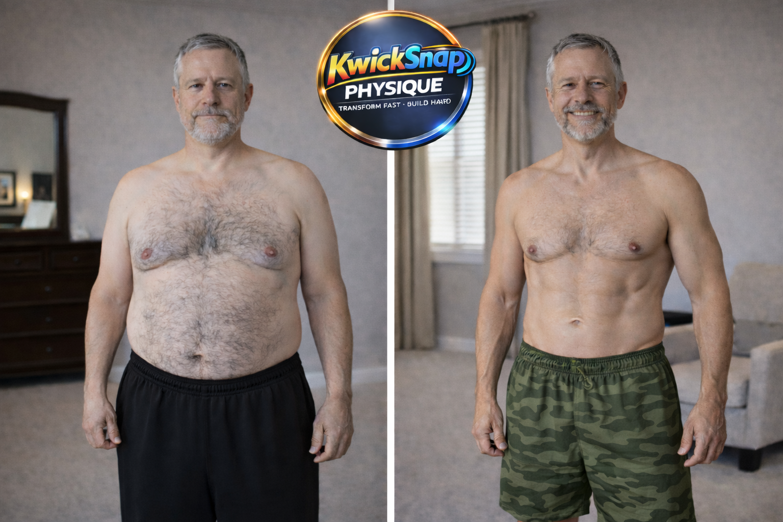 Side-by-side comparison of a middle-aged man with gray hair and beard, shirtless, before and after his fitness transformation. In the "before" photo, he has a higher body fat percentage, while in the "after" photo, he has a visibly leaner and more muscular physique, wearing camouflage shorts.