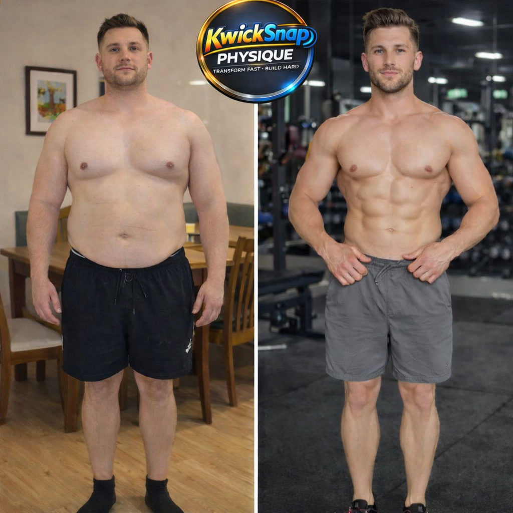 Comparison photo of a man before and after his fitness transformation. The left side shows him with a heavier build, while the right side shows him with a muscular, lean physique at the gym.