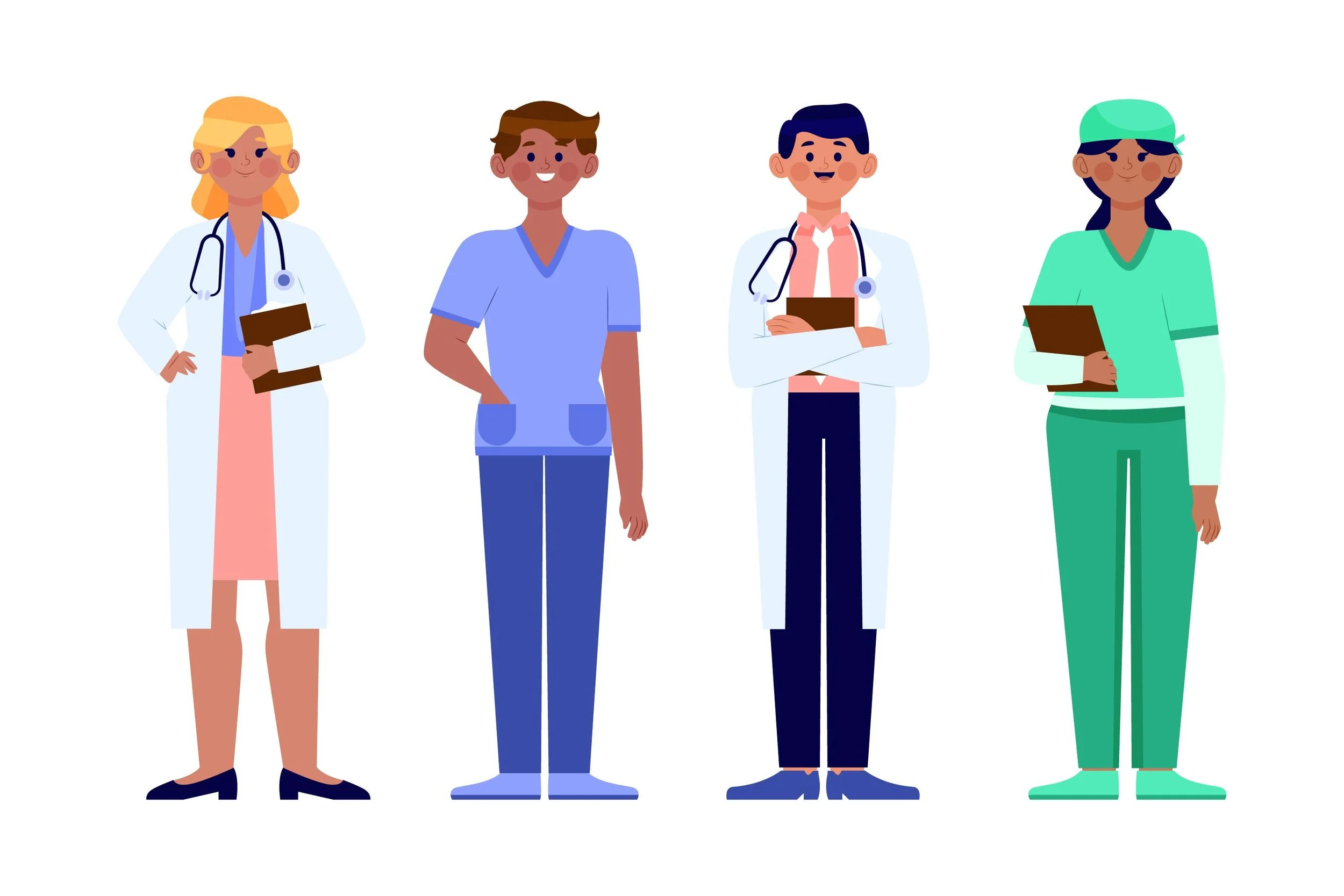 Illustrazione di quattro professionisti medici: una donna con camice bianco e stetoscopio, un uomo vestito con abbigliamento medico blu, un uomo con camice e stetoscopio, e una donna con divisa verde e cuffia.