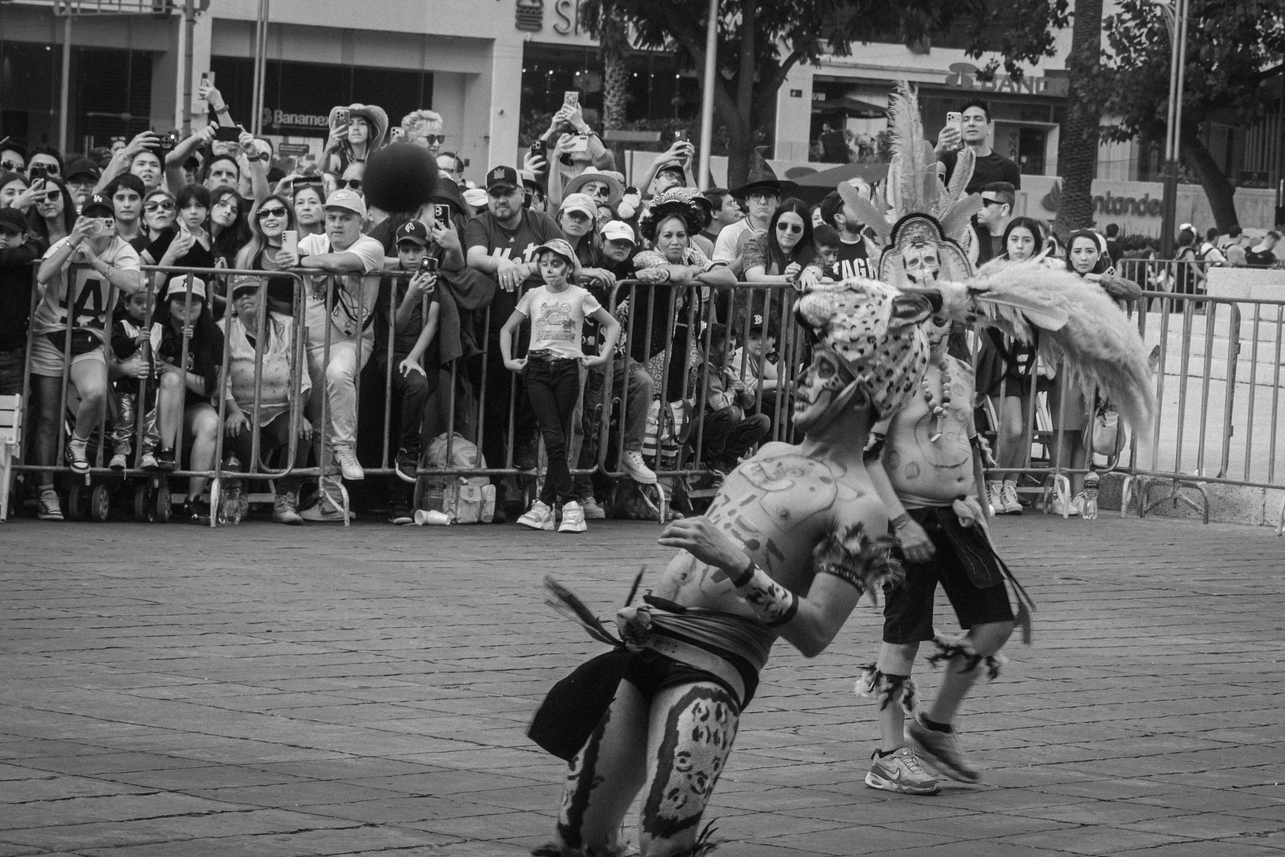 People watching performers in traditional indigenous costumes during a cultural parade or event.