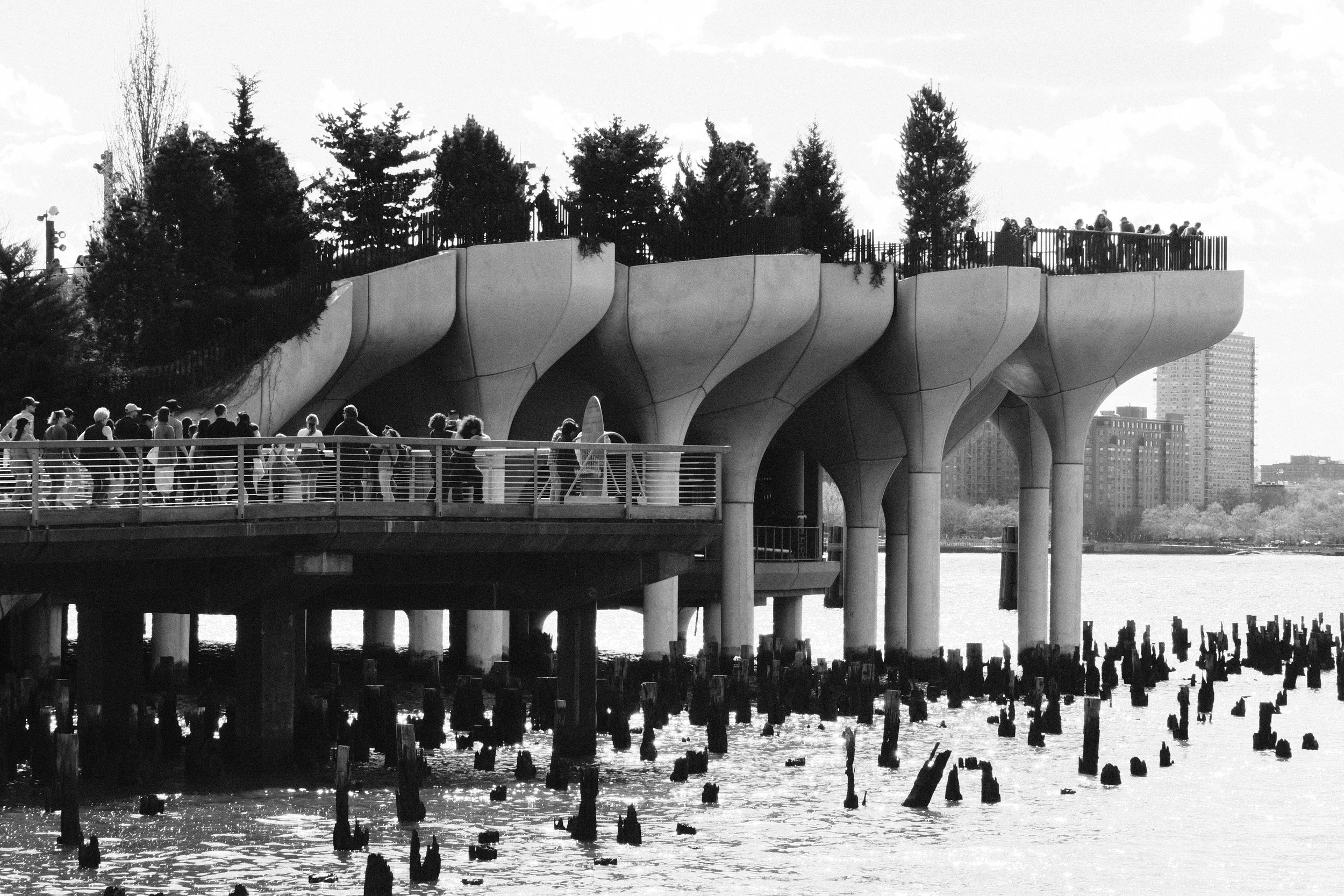 Crowd of people walking on a curved, elevated pathway with supporting columns near a body of water, with buildings and trees in the background.