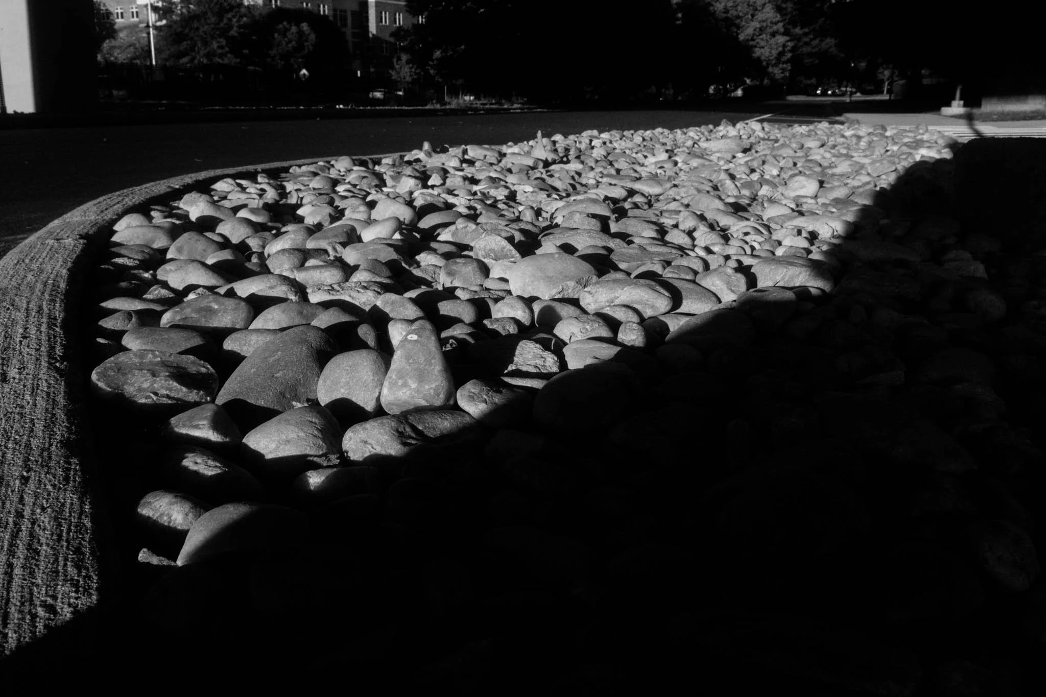 Black and white photo of a curved curb with small rocks on the sidewalk, with shadows cast across the rocks.