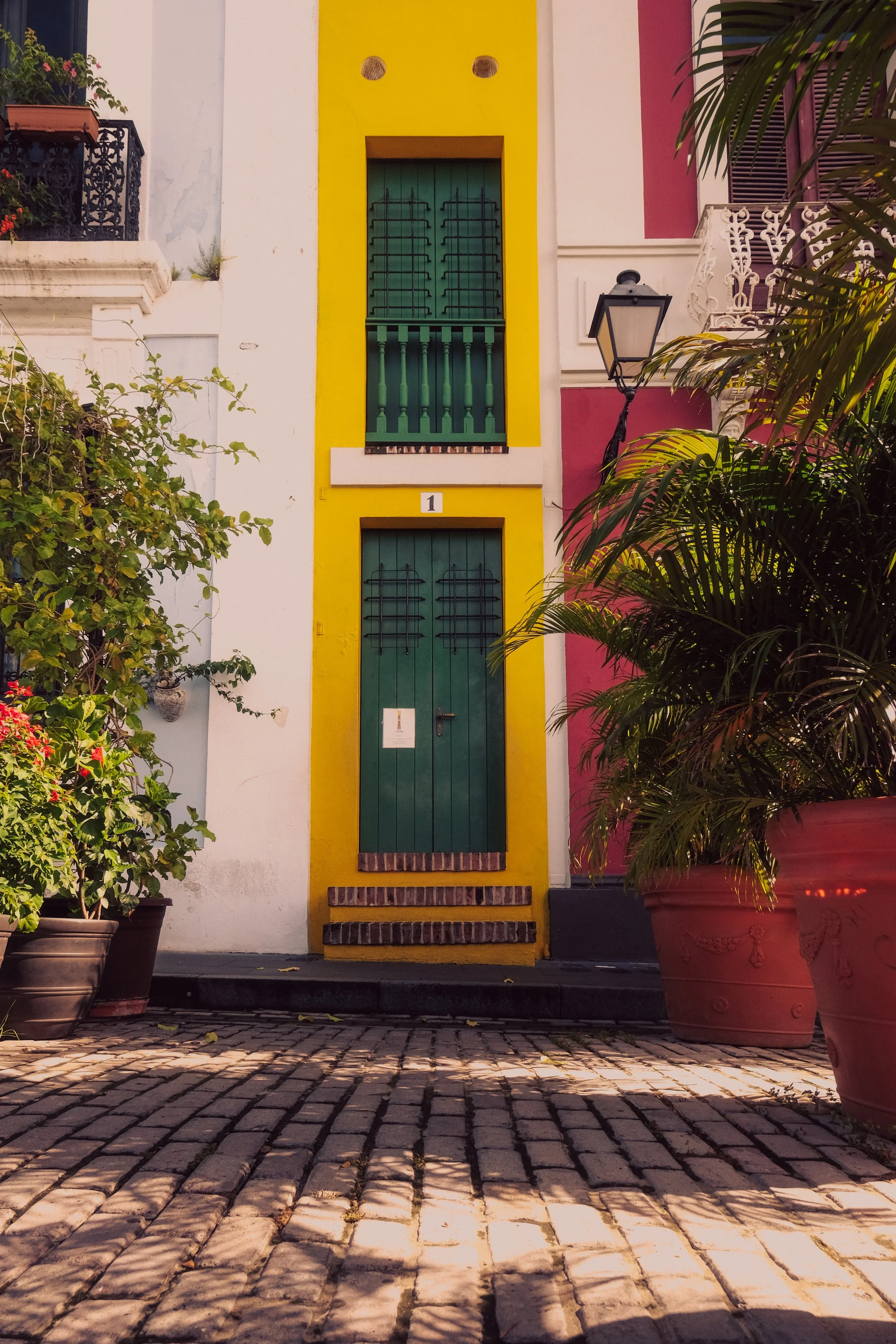Colorful house with green door and window, yellow frame, pink wall, potted plants, and cobblestone flooring.