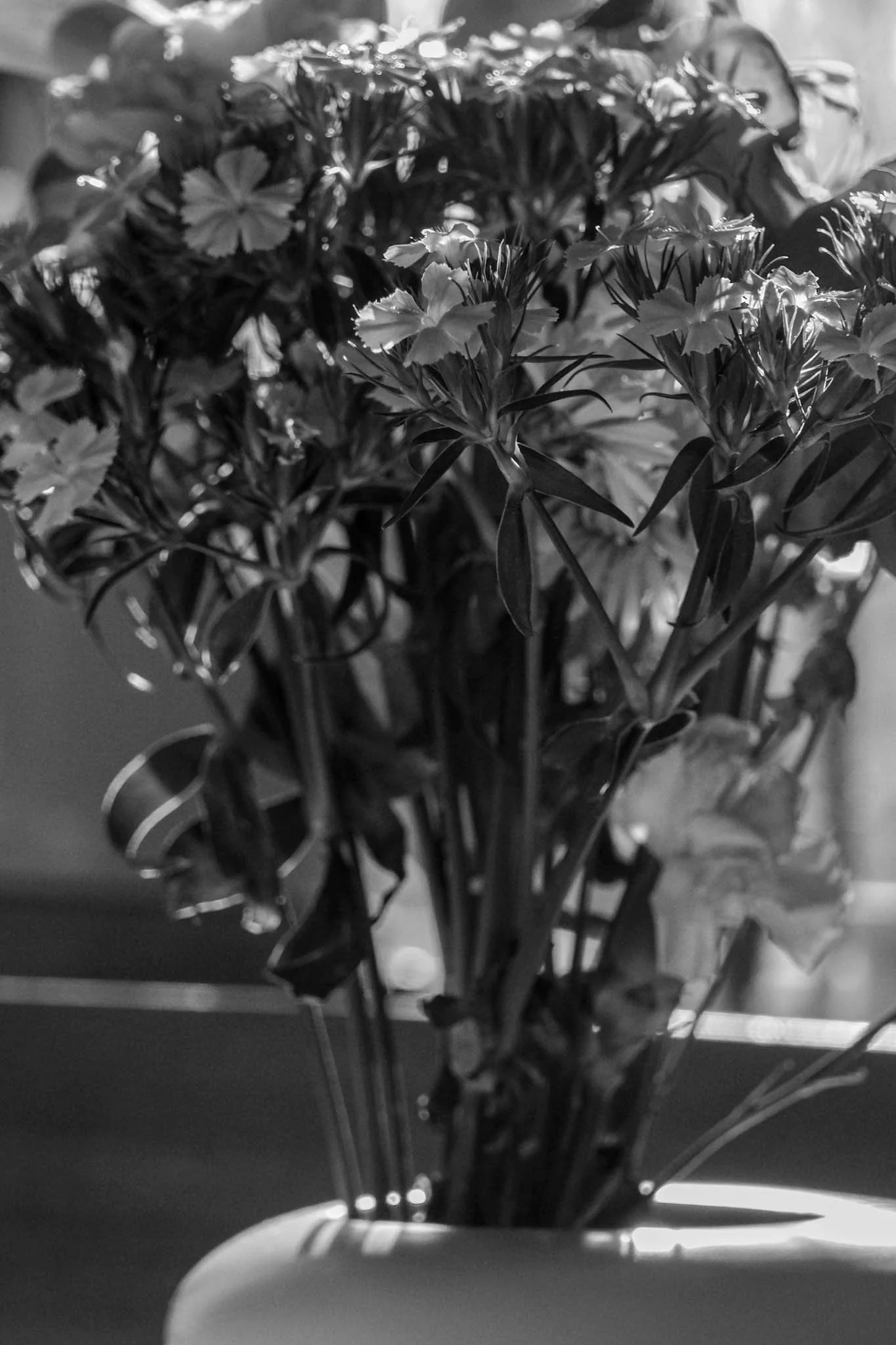 Black and white photo of a bouquet of flowers in a vase.