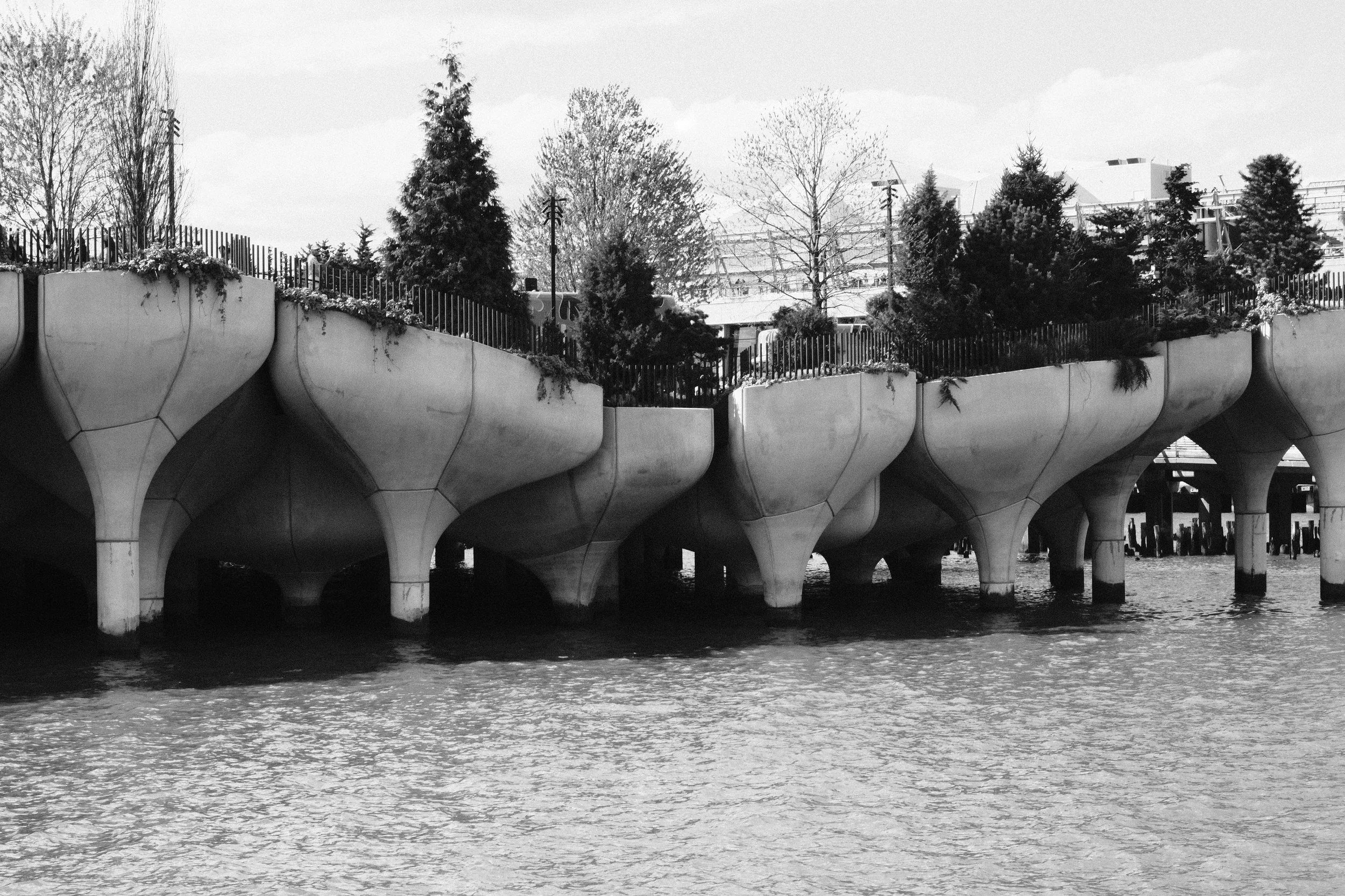 Black and white photo of a bridge with large, rounded supports under a walkway with trees and buildings in the background.