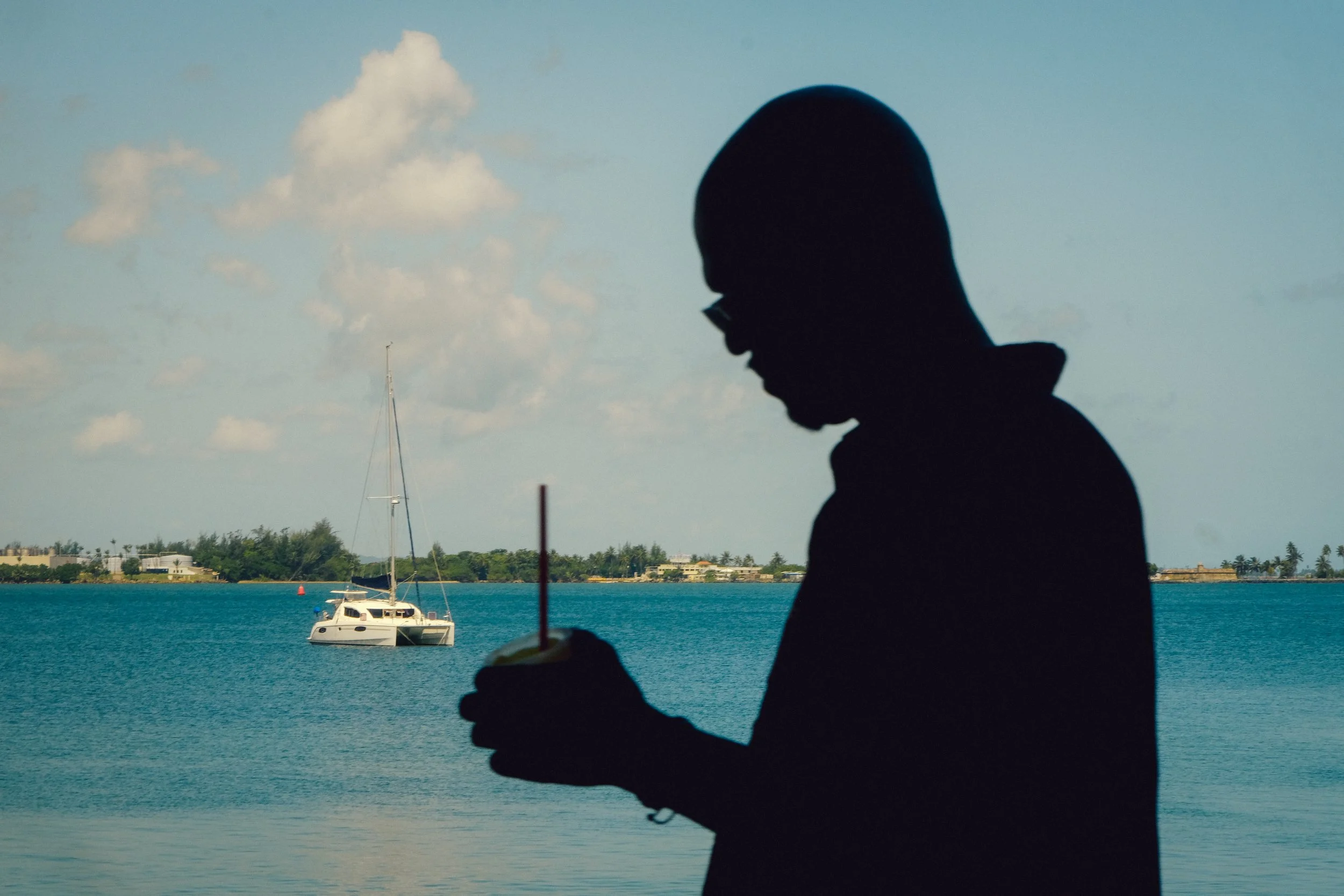 Silhouette of a person with glasses holding a drink with a straw near a body of water, with a sailboat and a distant shoreline with trees and buildings in the background.