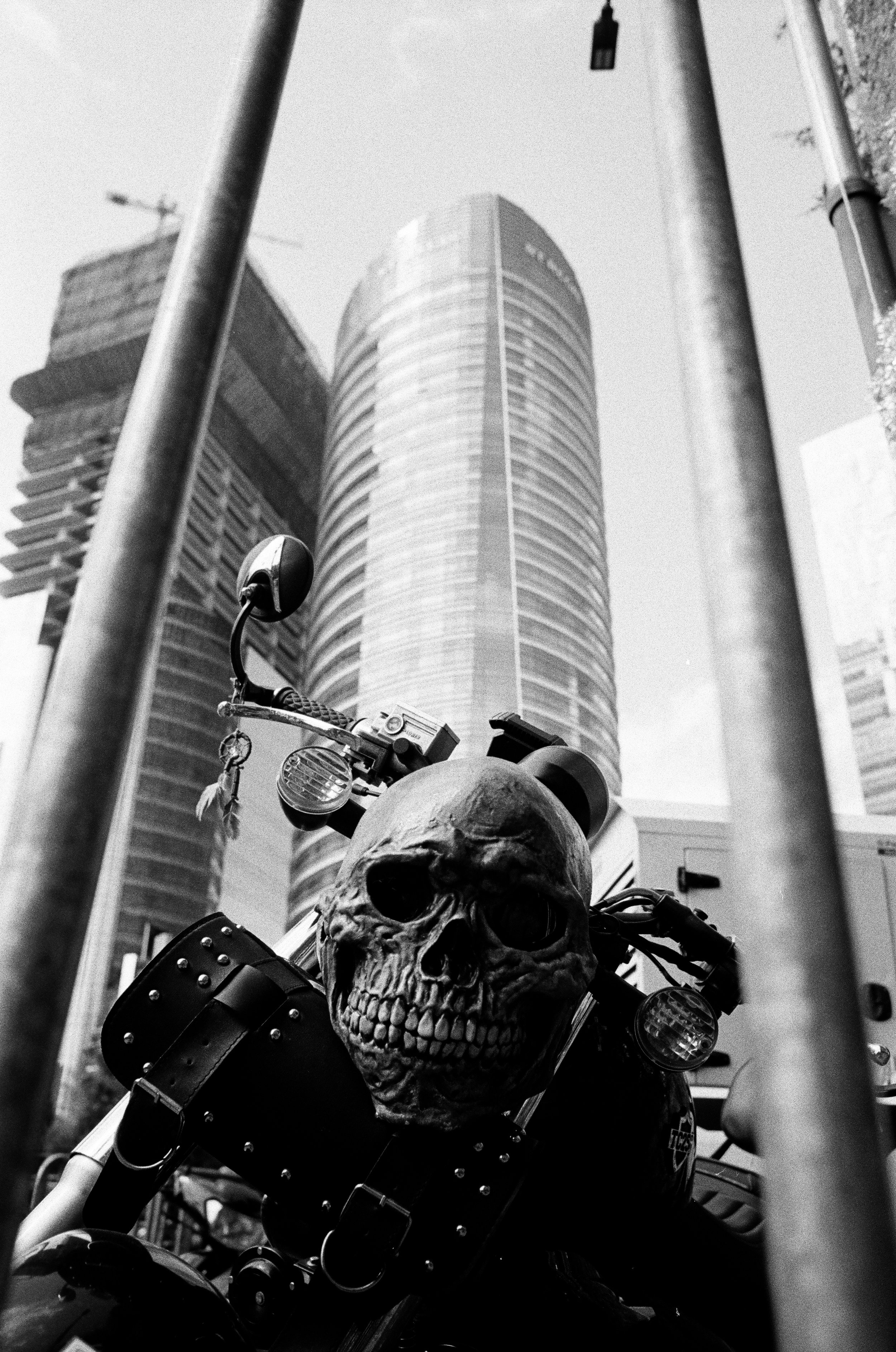 Rear view of a motorcycle with a skull front plate, parked between metal bars, with modern skyscrapers in the background.