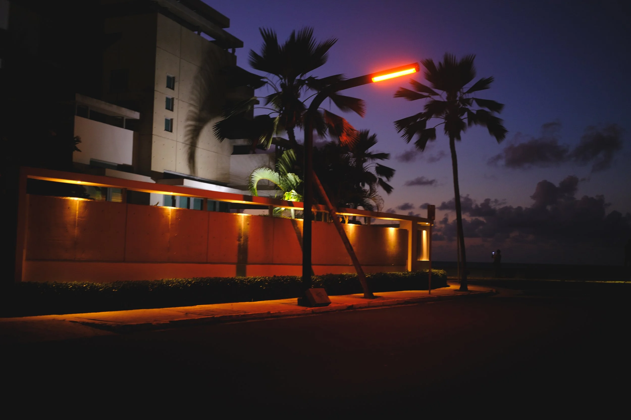 Nighttime view of a street with palm trees, illuminated building, and orange streetlights, near a beach or waterfront.