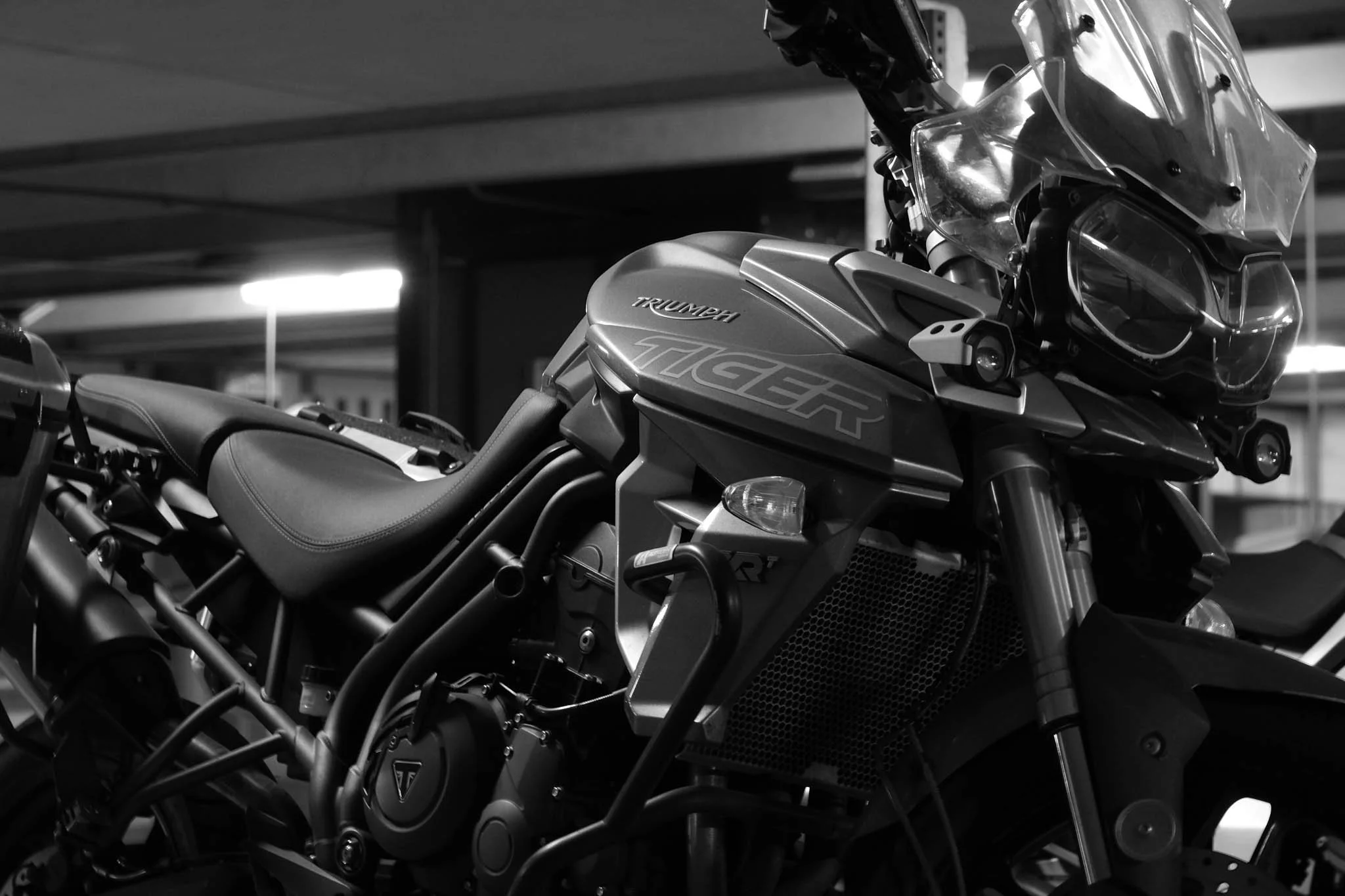 Black and white photo of a Triumph Tiger motorcycle parked indoors, focusing on the front and side view.