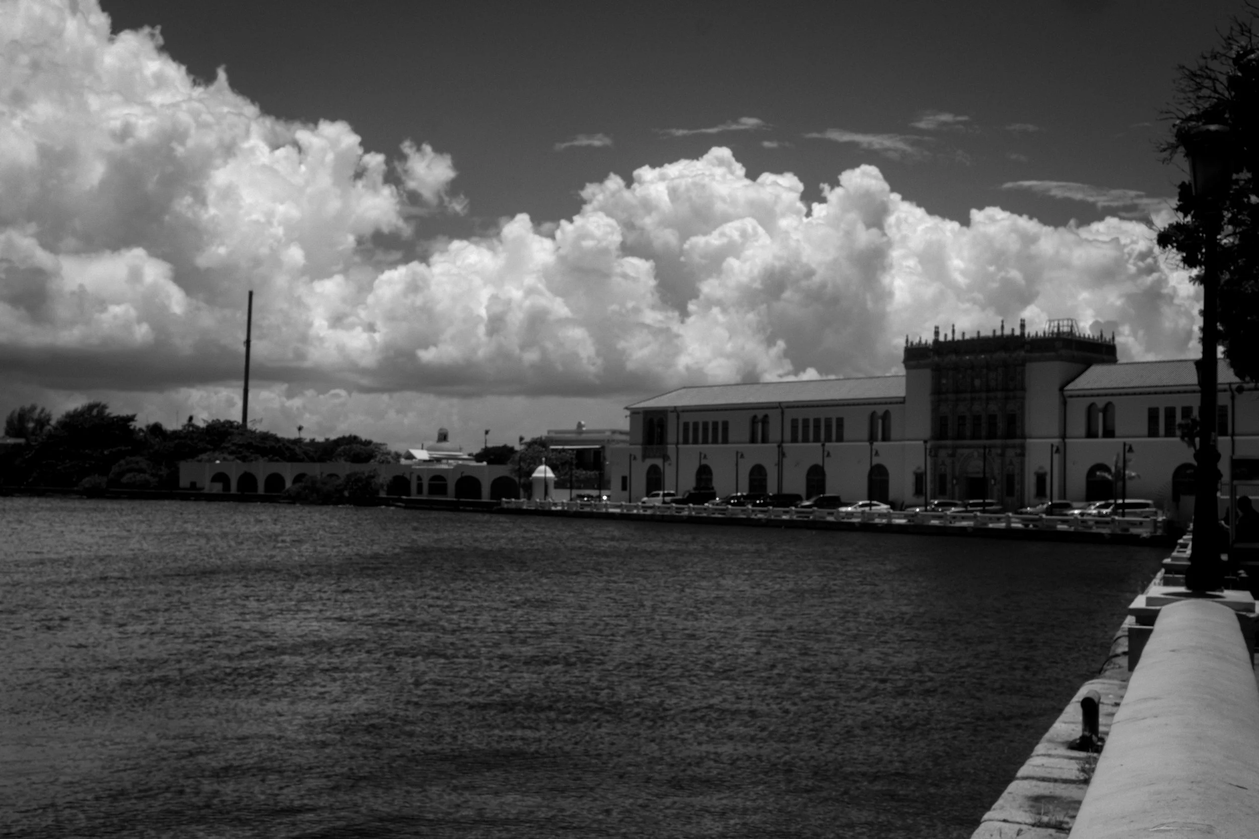 Black and white photo of a waterfront with a large building, parked cars, a walkway with street lamps, and a cloudy sky.