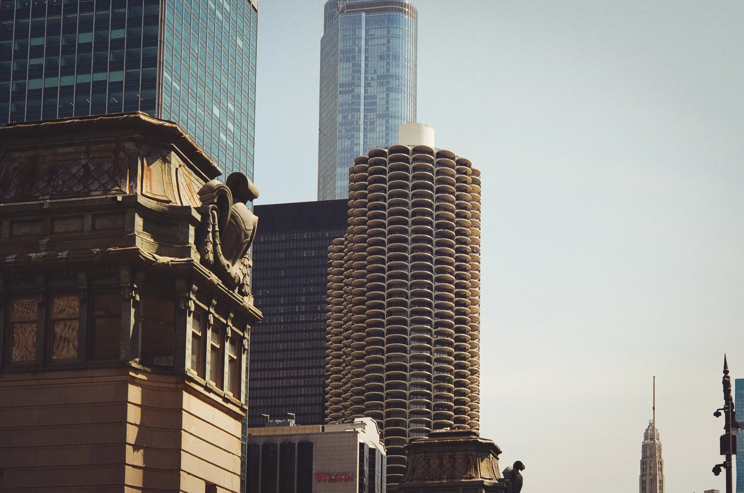 City skyline with tall modern buildings, including the John Hancock Center and the Wrigley Building with ornate architecture, under a clear sky.