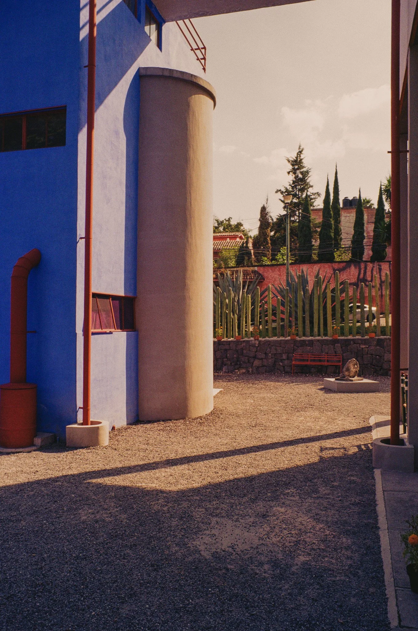 A colorful building with a curved wall and blue exterior, surrounded by a gravel courtyard, tall cactus plants, trees, and a pink wall in the background.